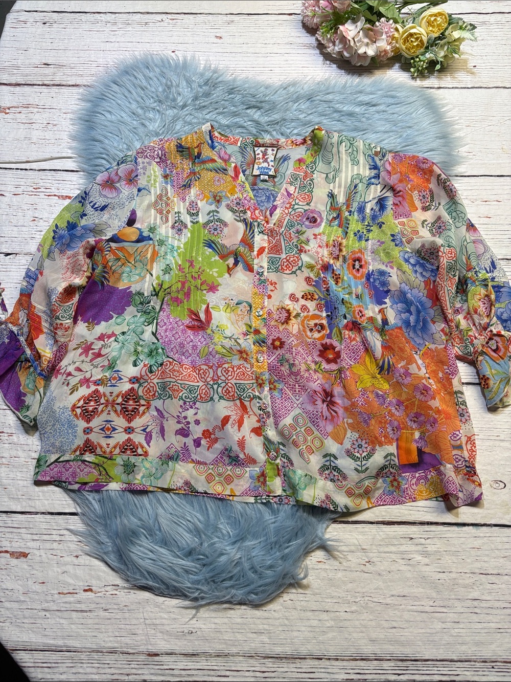Johnny Was Vacanza Blouse in Colorful McDreamer Patchwork Print Sz XLP